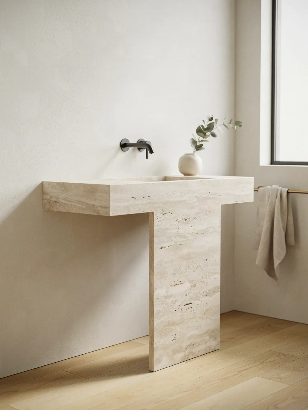 Wall-Mounted Travertine Slab With Waterfall Edge