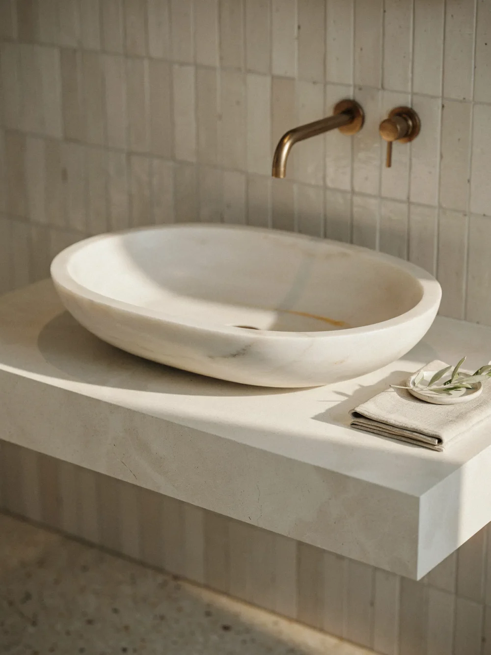 Oval Carved Marble Basin in a Rectangular Slab