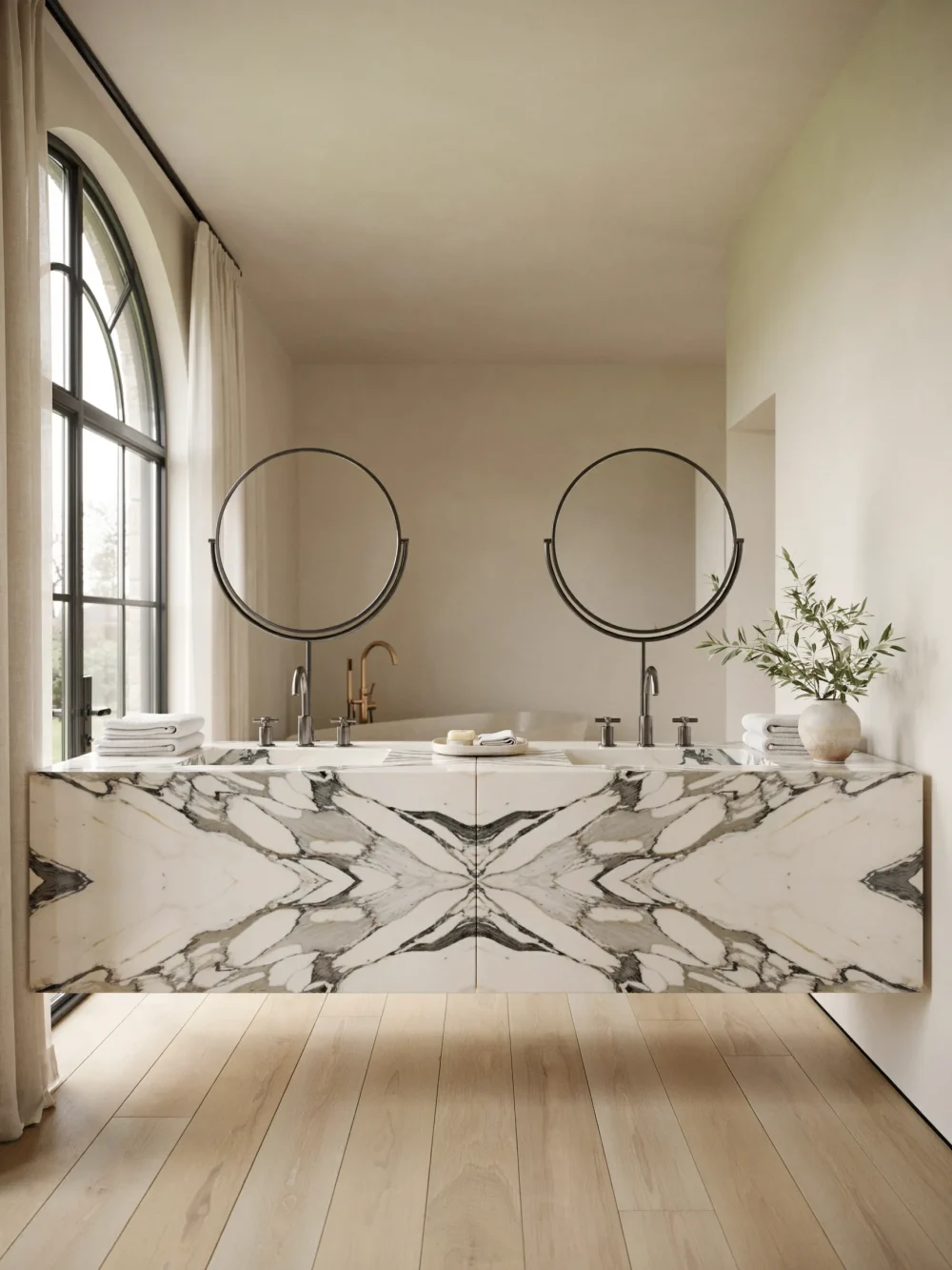 Double Integrated Basin in a Single Bookmatched Marble Slab