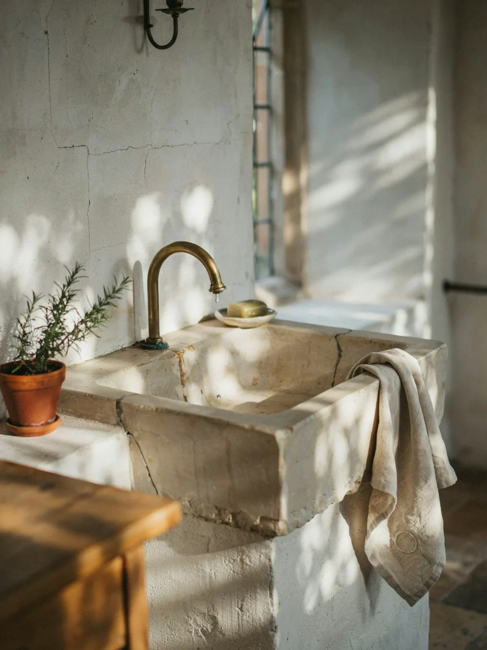 Reclaimed Stone Integrated Sink With Antique Patina