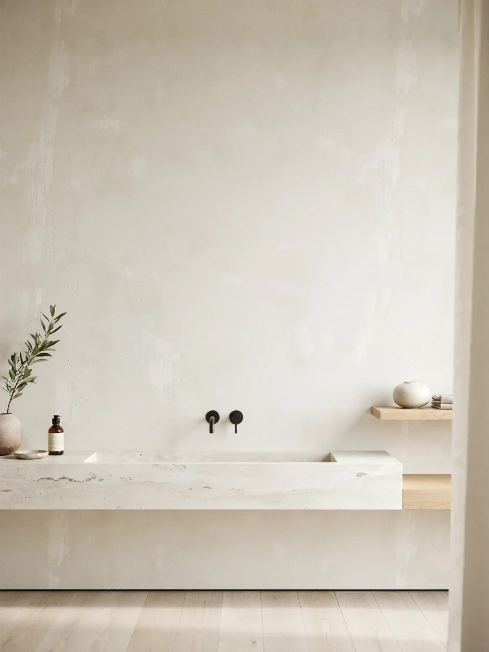 Japandi-Inspired White Sandstone Integrated Vanity