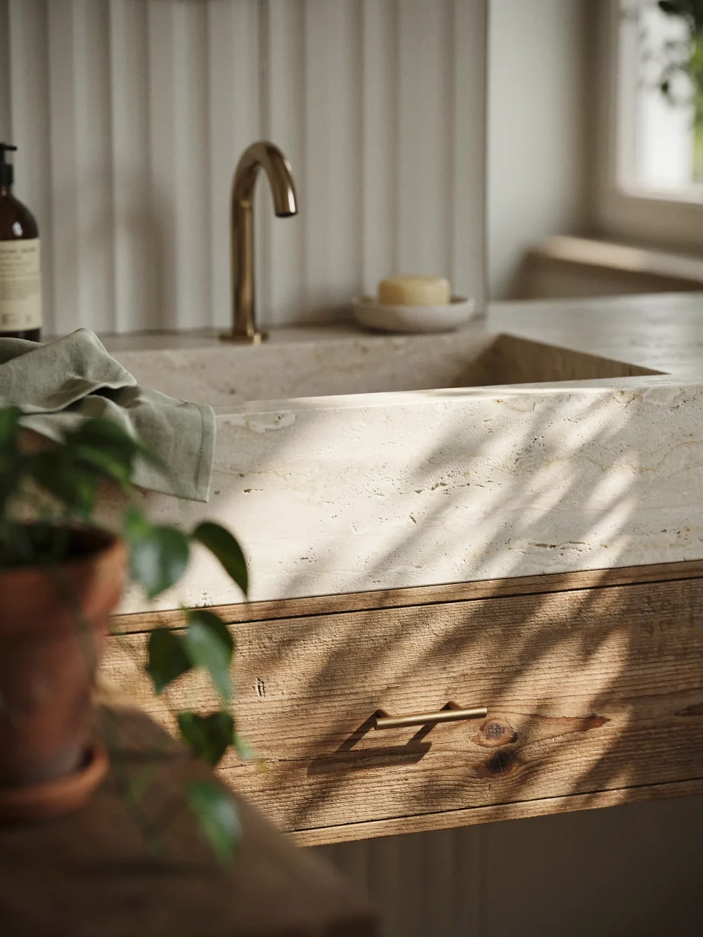 Travertine Integrated Sink With Unfilled Surface Texture