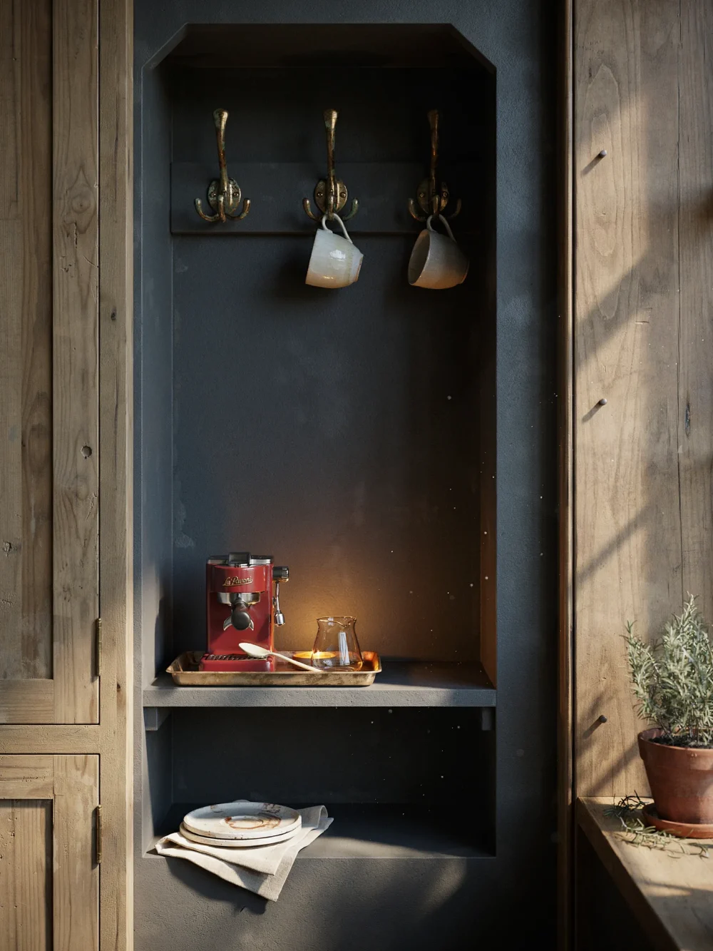 The Ink-Black Alcove with Warm Brass Hardware