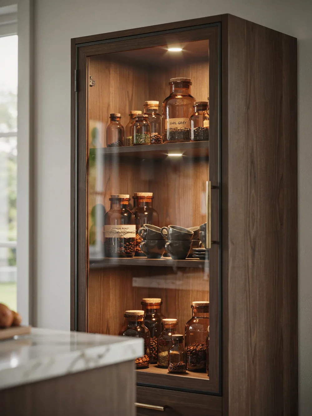 Recessed Puck Lights Inside Dark Cabinetry