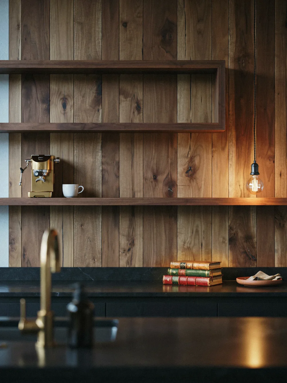 Rich Walnut Stained Open Shelving