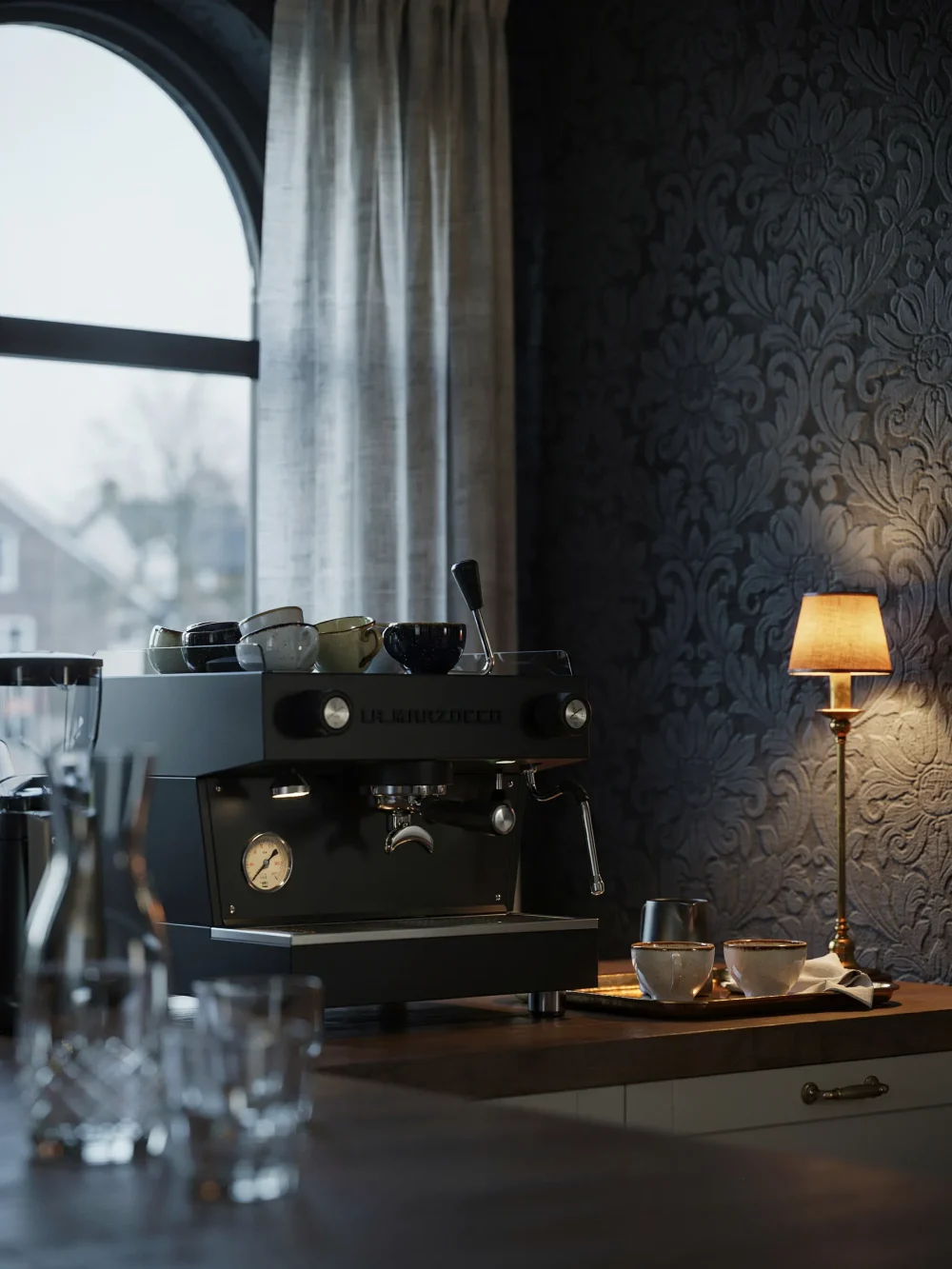 Dark Damask or Toile Wallpaper Panel Behind the Station
