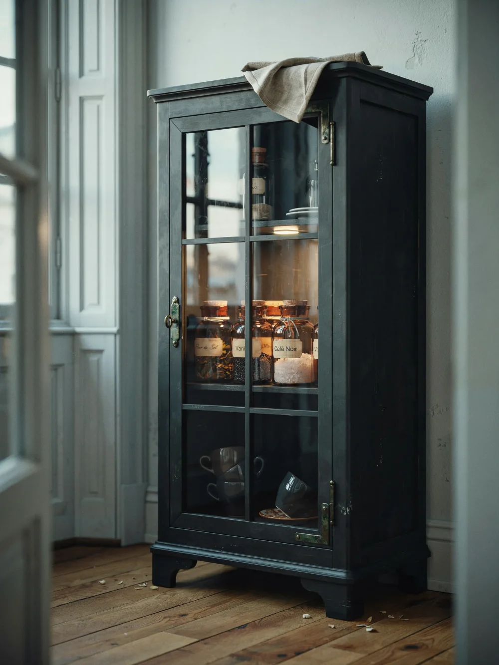 Matte Black Vintage Cabinetry with Glass Fronts