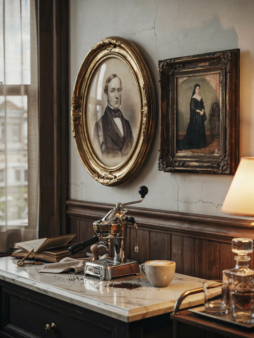 Vintage Portrait Art Frames Above the Station