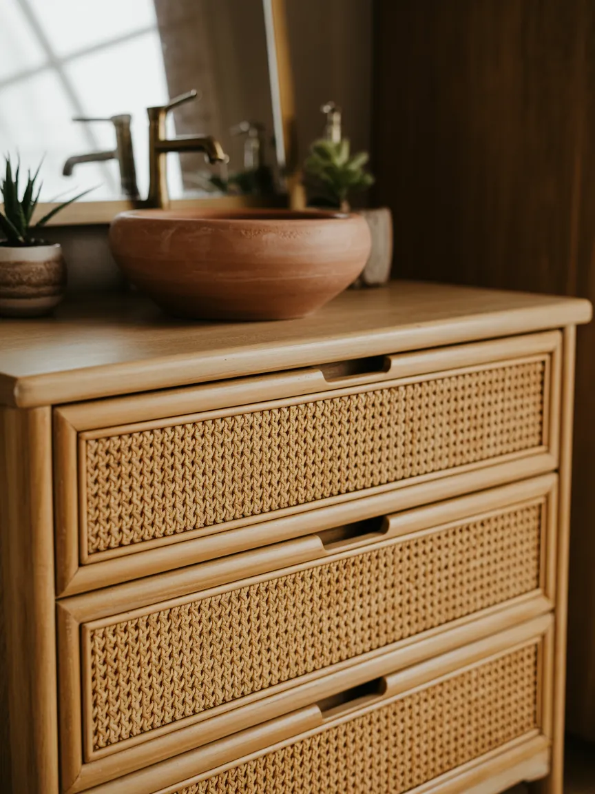 Rattan-Front Cabinet Vanity with a Terracotta Vessel Sink