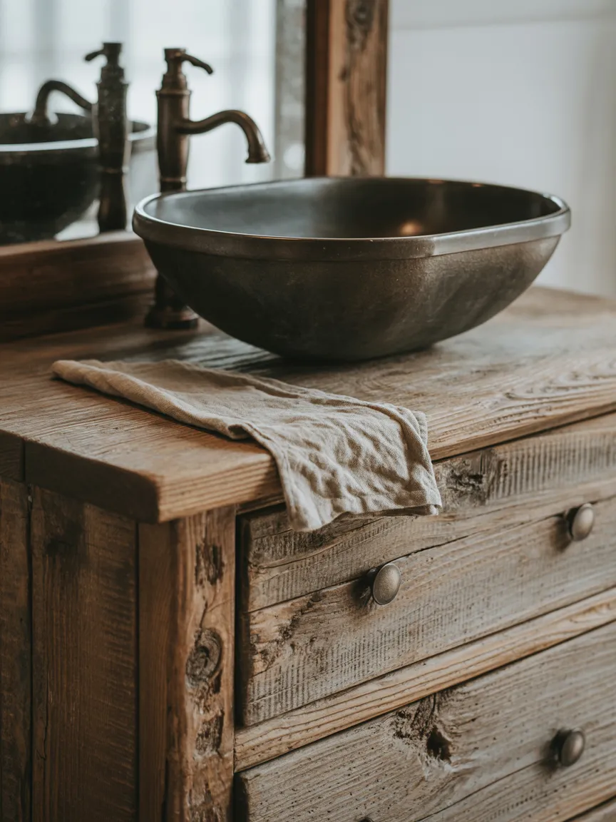 Reclaimed Barn Wood Dresser Vanity with a Cast Iron Vessel Sink