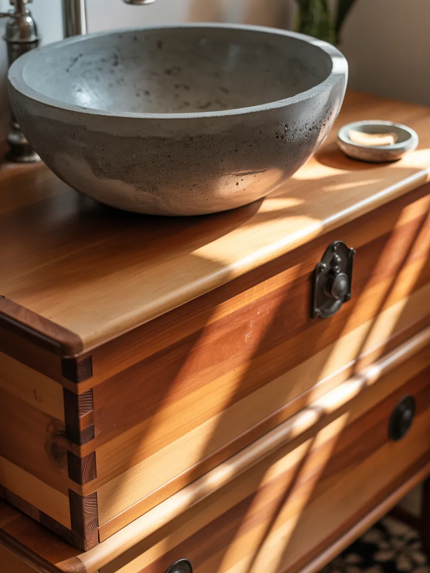 Rough-Sawn Cedar Chest Vanity with a Concrete Vessel Sink