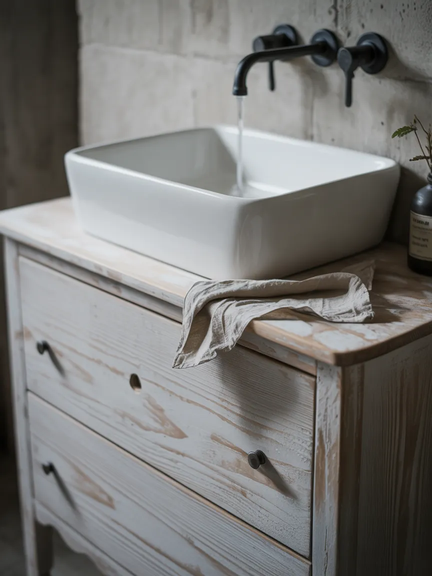 Whitewashed Plank-Top Dresser with a Matte Black Faucet