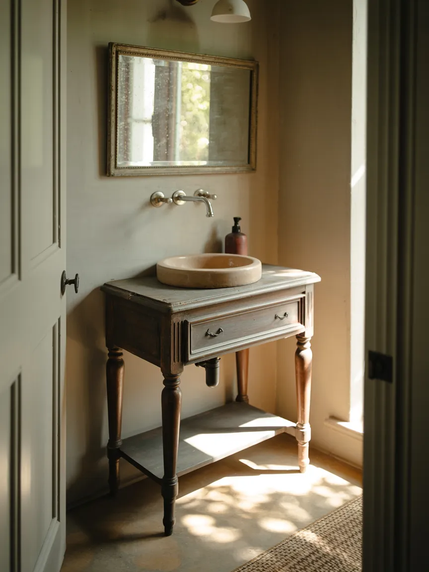 Antique Writing Desk Vanity with a Drop-In Sink