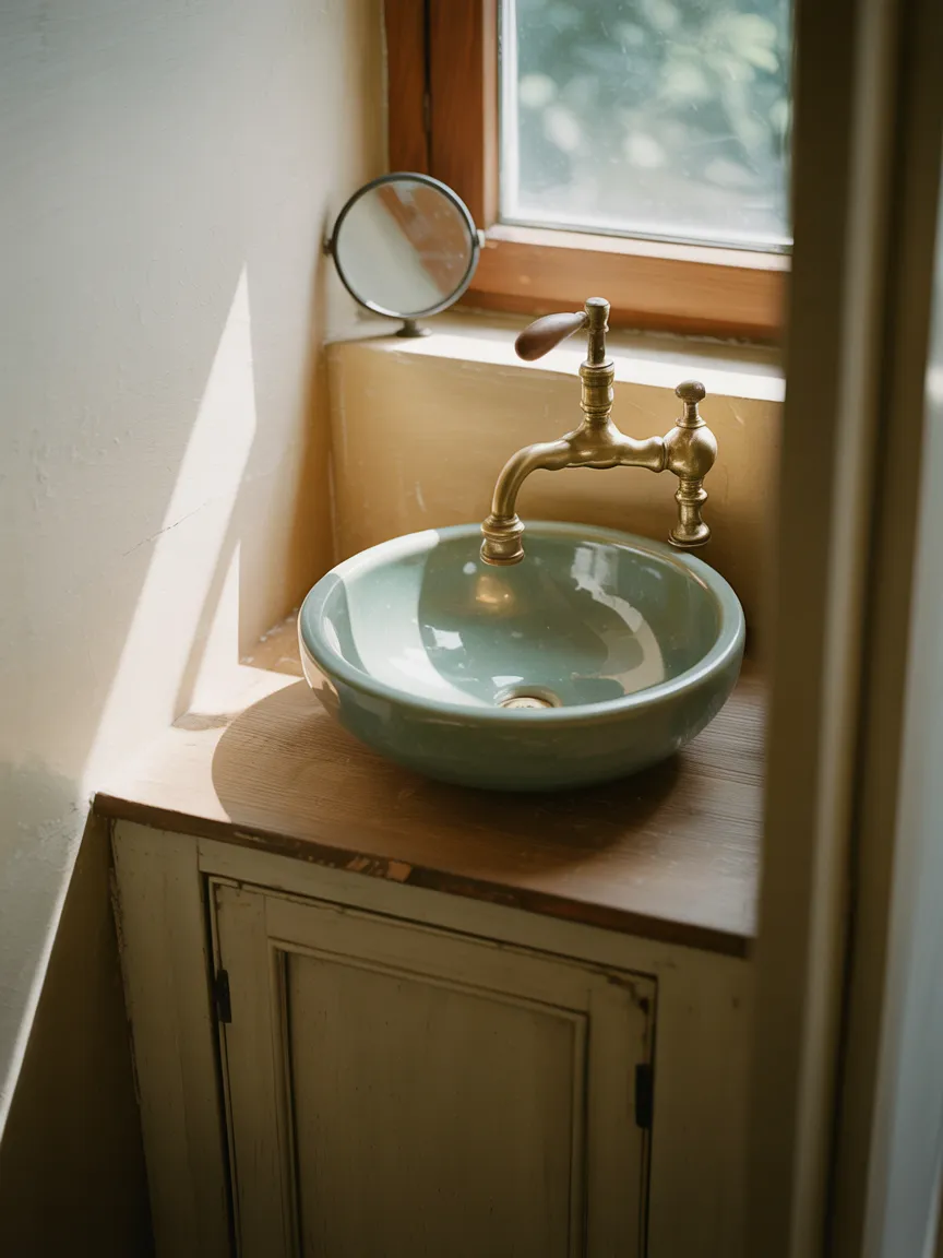 Corner Antique Cabinet Vanity for an Awkward Bathroom Layout