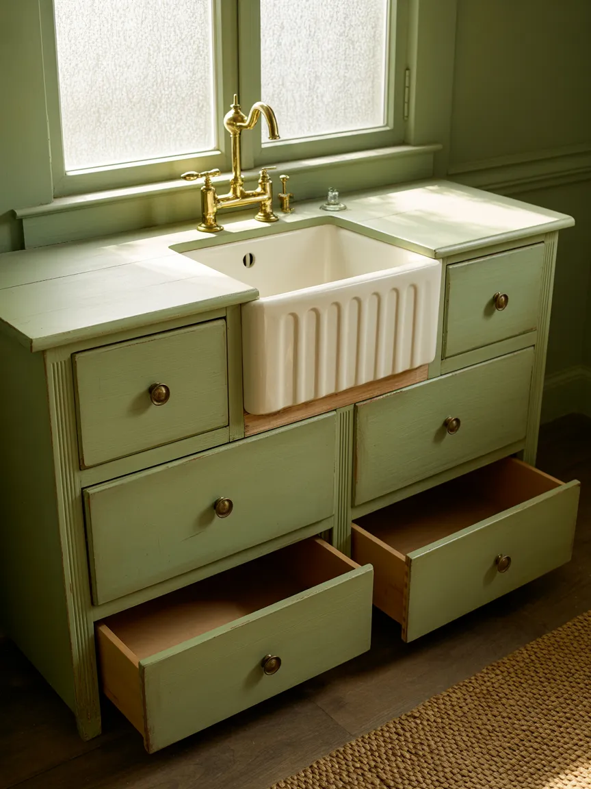 Sage Green Painted Antique Dresser with Apron Front Sink