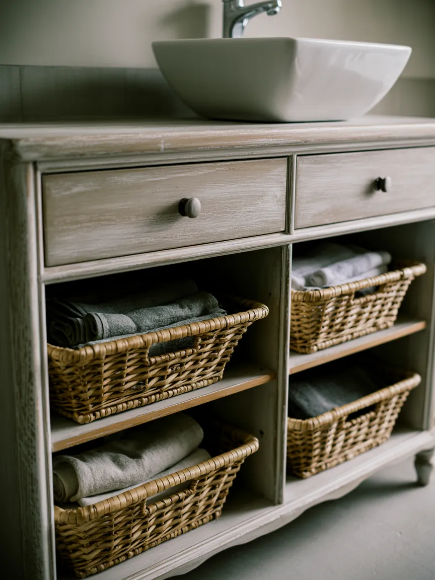 Distressed Wood Finish with Woven Basket Drawer Inserts