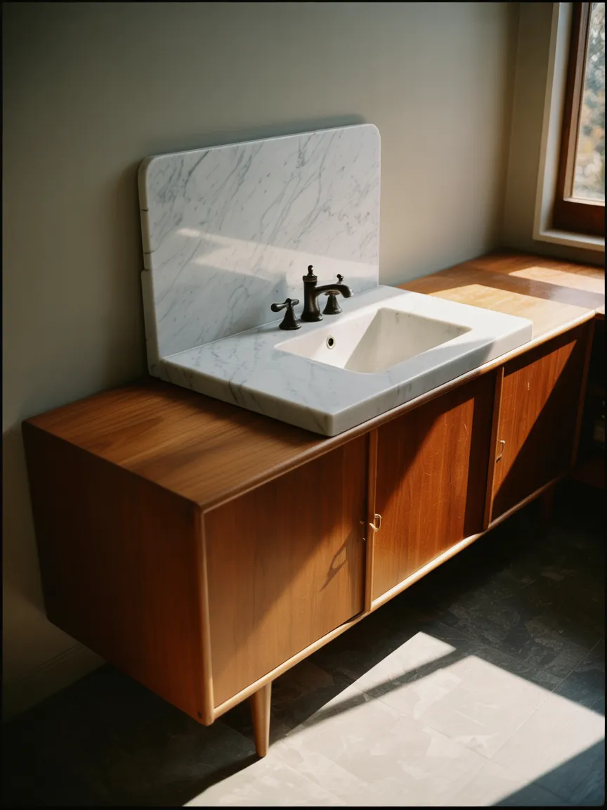 Vintage Mid-Century Modern Credenza Vanity with Marble Remnant Top