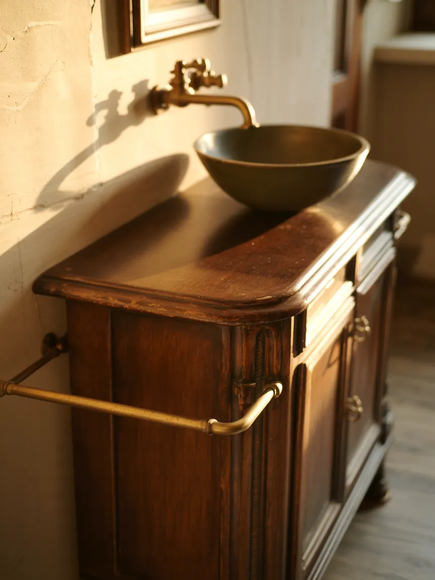 Walnut-Stained Console Cabinet with Integrated Towel Rail