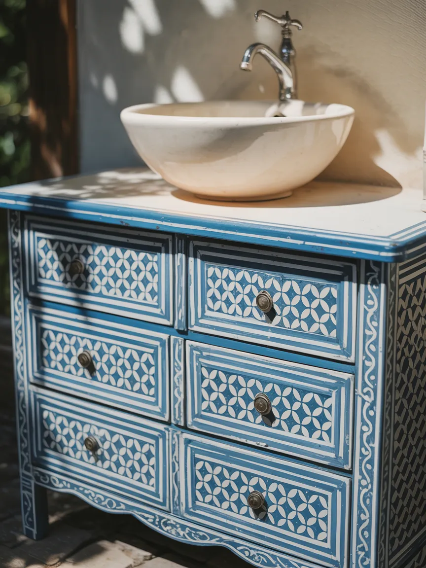 Hand-Painted Moroccan Pattern Dresser Vanity